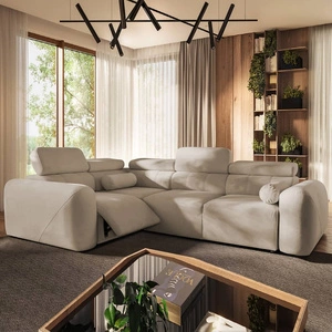 Narożnik z funkcją spania Cantare II Lux beżowy lewostronny komfortowy narożnik do salonu z podnoszonym podnóżkiem miękka tkanina