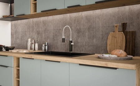 Zestaw mebli kuchennych Treviso Ar 255 cm stylowe szafki kuchenne z frontami wykonanymi w technologii anti fingerprint metalowe uchwyty