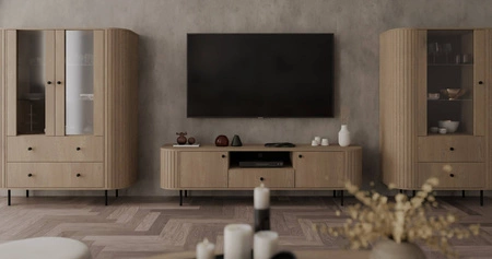 Witryna Ovalio 97 cm dąb cremona stylowy design bezpieczne szkło hartowane witryna o owalnym kształcie z dekoracyjnymi frezowaniami