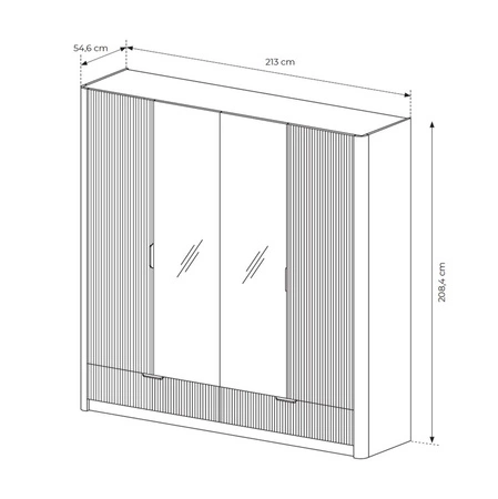 Szafa z lustrem Lante 213 cm beżowa stylowa szafa z szufladami o nowoczesnym designie ryflowane fronty oryginalny zaoblony kształt