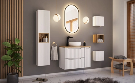 Szafka pod umywalkę Nova 60 cm biała stylowe subtelne pionowe ryflowania podkreślają elegancję szafki z szufladami frezowane uchwyty