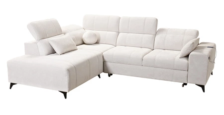 Narożnik z funkcją spania Penejos VII szary lewostronny stylowy narożnik z pojemnikiem na pościel wygodne regulowane zagłówki