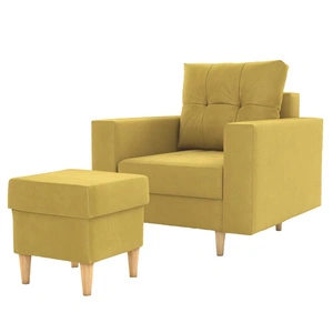 Fotel z podnóżkiem Vaso musztardowy wygodny fotel do salonu w stylu skandynawskim miękkie siedzisko wysokie drewniane nogi