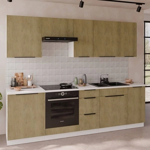 Zestaw mebli kuchennych Cremona 260 cm eleganckie szafki kuchenne o subtelnej i naturalnej kolorystyce metalowe uchwyty krawędziowe