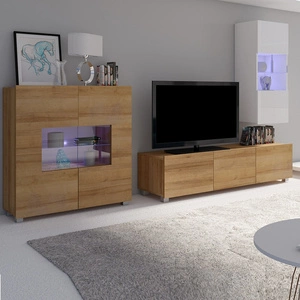 Meblościanka Apulia VII biały połysk / dąb złoty wyjątkowo stylowa meblościanka proste bryły wpisujące się w każde wnętrze