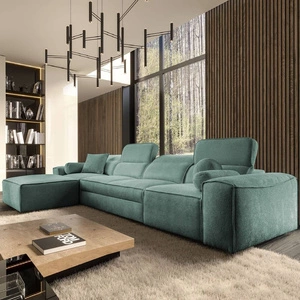 Narożnik z funkcją spania Viano XII patynowy lewostronny stylowy narożnik o ciekawym kształcie regulowane zagłówki ozdobne poduszki