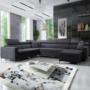 Narożnik z funkcją spania Nausa VII grafitowy prawostronny elegancki narożnik do salonu wykonany z miękkiej tkaniny typu velvet