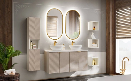 Zestaw mebli łazienkowych Viva beżowy / biały elegancki design subtelna kolorystyka podkreślona frezowaniem w kształcie jodełki