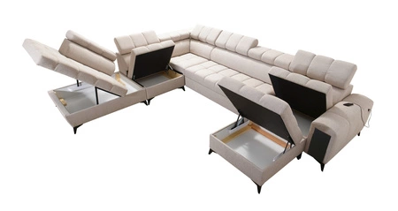 Narożnik z funkcją spania Bolmso X beżowy prawostronny wygodny narożnik do salonu z regulowanymi zagłówkami dekoracyjne pikowania