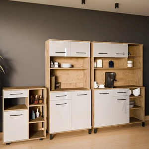 Zestaw mebli kuchennych Vento 270 cm dąb lancelot / biały połysk zestaw z szafką na kółkach idealne do aranżacji małego aneksu kuchennego