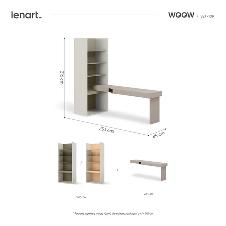 Biurko z regałem Woow 253 cm clay grey / szampański / eukaliptus prawe ergonomiczne biurko z szufladami regał z oświetleniem LED