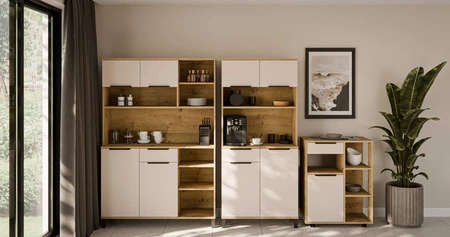 Zestaw mebli kuchennych Soela 270 cm dąb artisan / beżowy zestaw z szafką na kółkach idealne do aranżacji małego aneksu kuchennego