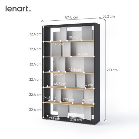 Regał Fitt 125 cm grafit / dąb / szary modny regał do biura lub salonu bryła wyposażona w klimatyczne oświetlenie LED