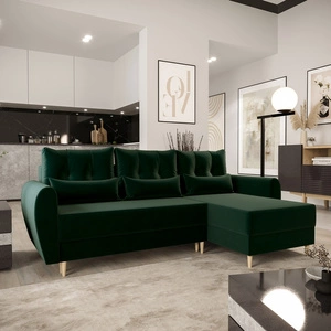 Narożnik z funkcją spania Rovigo butelkowa zieleń prawostronny elegancki narożnik w skandynawskiej formie duży pojemnik na pościel