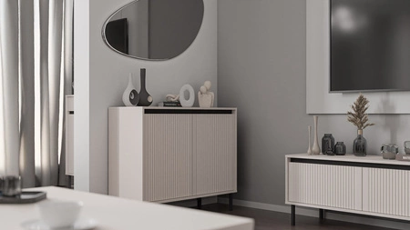 Komoda Osaka 100 cm beżowa / czarny minimalistyczny design doskonała propozycja komody do salonu i sypialni gustowny ryflowany front