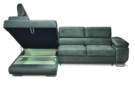 Narożnik z funkcją spania Ganta butelkowa zieleń lewostronny nowoczesna tkanina welurowa gwarantuje najwyższy komfort i funkcjonalność