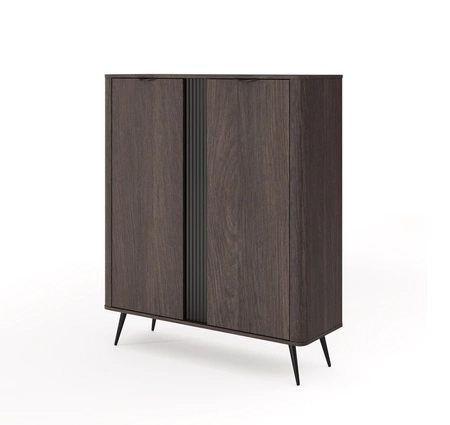 Komoda wysoka Veris 113 cm dąb dunin / czarny stylowe zaokrąglone krawędzie ozdobna ryflowana listwa podkreśla oryginalny design