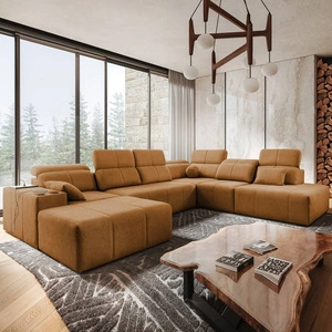 Narożnik z funkcją spania Tesalia X miodowy lewostronny nowoczesny i komfortowy narożnik z innowacyjną funkcją przesuwanego oparcia