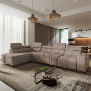 Narożnik z funkcją spania Castel XI jasny brąz lewostronny komfortowy narożnik z pojemnikiem na pościel wytrzymała tkanina