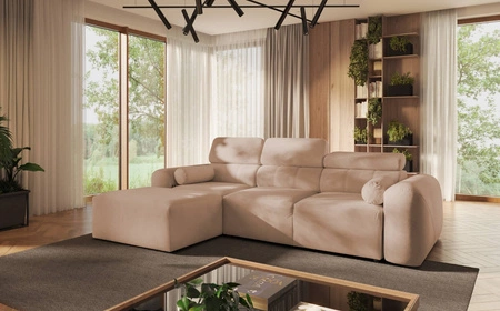 Narożnik z funkcją spania Cantare łososiowy lewostronny funkcjonalny i komfortowy narożnik o nowoczesnym designie pluszowa tkanina