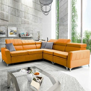 Narożnik z funkcją spania Rava IV żółty prawostronny velvet komfort podczas codziennego wypoczynku pojemnik na pościel