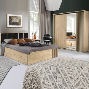 Zestaw mebli do sypialni Cali dąb artisan / czarny wygodne łóżko z pojemnikiem na pościel ozdobne lamele