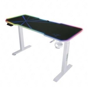 Biurko gamingowe E-Talisman biały / niebieski biurko z regulacją wysokości blat w całości pokryty podkładką z oświetleniem LED