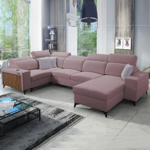 Narożnik z funkcją spania Kelly IV lawendowy róż prawostronny pleciony komfortowy narożnik regulowane zagłówki bok wykończony lamelami