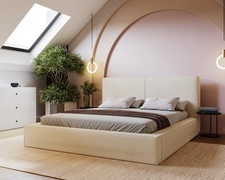 Łóżko tapicerowane Belli 180x200 beżowe stylowe łóżko z pojemnikiem na pościel wygodny zagłówek zachwyca eleganckim designem