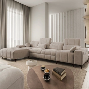 Narożnik z funkcją spania Penejos XII ciemny beżowy lewostronny stylowy narożnik z pojemnikami na pościel komfortowe regulowane zagłówki