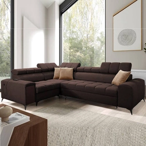 Narożnik z funkcją spania Bolmso II brązowy lewostronny narożnik z pojemnikiem na pościel szuflada z pełnym wysuwem w boczku mebla