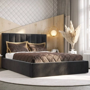 Łóżko tapicerowane Rinus 160x200 z pojemnikiem grafit w nowoczesnym skandynawskim stylu z wygodnym zagłówkiem