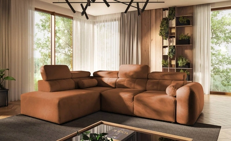 Narożnik z funkcją spania Cantare VII ceglasty lewostronny narożnik z pojemnikiem na pościel wykonany z trwałej tkaniny typu plusz