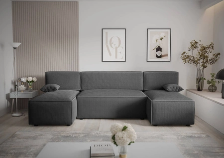 Narożnik z funkcją spania Brandon U szary pojemnik na pościel trójwymiarowa tkanina o wyrazistych prążkach