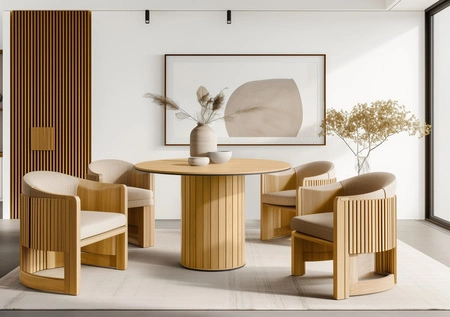 Stół okrągły Rotto 120 cm dąb vincenza nowoczesny design solidna podstawa przyozdobiona dekoracyjnymi lamelami stół do małej jadalni