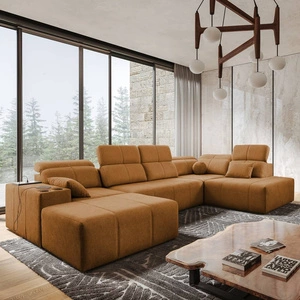 Narożnik z funkcją spania Tesalia VI miodowy lewostronny nowoczesny i komfortowy narożnik z funkcją przesuwanego oparcia