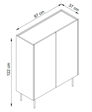 Komoda wysoka Vellore 97 cm ceglasta elegancka komoda z obniżonym blatem w dębowym odcieniu metalowe nogi bezuchwytowe fronty