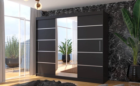 Szafa przesuwna z lustrem Salto 250 cm czarna estetycznie wykonana szafa do sypialni ozdobne srebrne listwy na frontach nadają stylu