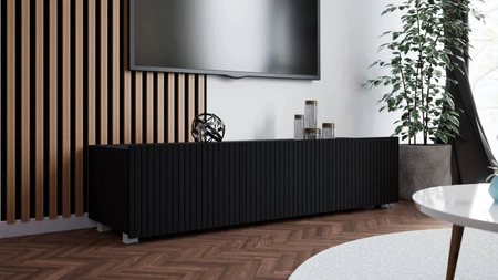 Szafka RTV Colder 150 cm czarna z możliwością podwieszenia stylowy ryflowany front elegancka forma mebla w nowoczesnym stylu