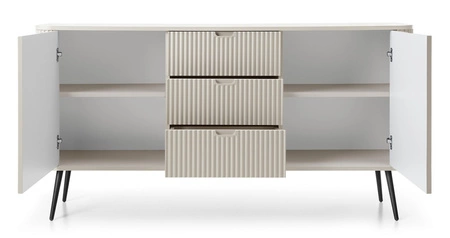 Komoda z szufladami Zoya 168 cm beżowa elegancki design owalny kształt bryły osadzony na metalowych nogach gustowny ryflowany front