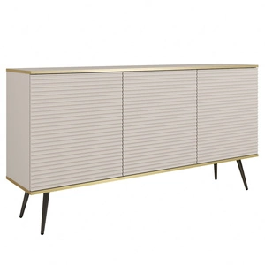 Komoda Luxury 160 cm beżowa elegancki design stylowe ryflowane fronty korpus komody zwieńczony złotą listwą czarne metalowe nogi