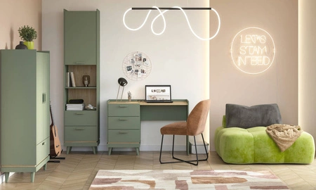 Regał Scandia 50 cm zielony / dąb olejowany stylowy design regału z szufladami na wysokich nogach idealna do sypialni lub pokoju nastolatka