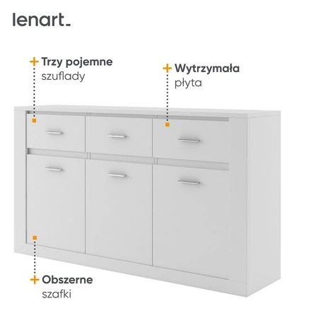 Komoda z szufladami Arti 160 cm biała elegancki i uniwersalny styl komody do sypialni lub salonu gustowne srebrne uchwyty