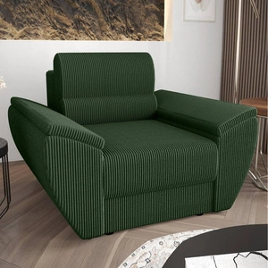 Fotel Fogu zielony nowoczesny design wygodny fotel do salonu sztruksowa tkanina o wyrazistych prążkach szerokie podłokietniki