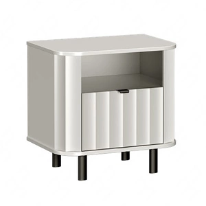 Szafka nocna Novado biel alpejska elegancka szafka do sypialni w stylu minimalistycznym oryginalny frezowany front metalowa podstawa