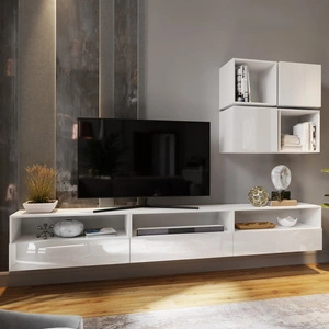 Meblościanka Dion biała / biały połysk uniwersalna i stylowa meblościanka do salonu system otwierania drzwi i szuflad push to open