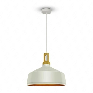 Lampa wisząca Modern II 35 cm biała ciekawy design idealna lampa do sypialni metalowy okrągły abażur zwieńczony drewnem