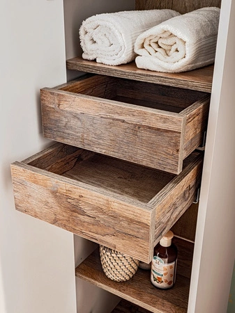 Słupek łazienkowy wiszący Santa Fe 35 cm szary krzemowy elegancka szafka do łazienki dwie szuflady we wnętrzu metalowy uchwyt krawędziowy