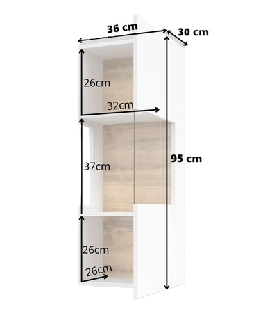 Szafka wisząca Ava 36 cm biała / dąb wotan elegancka witryna do salonu idealna do każdego wnętrza elementy z bezpiecznego szkła hartowanego