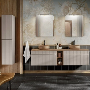 Zestaw mebli łazienkowych Iconic beżowy / dąb coast evoke zestaw mebli z szafkami pod umywalki nablatowe odporne na działanie wilgoci